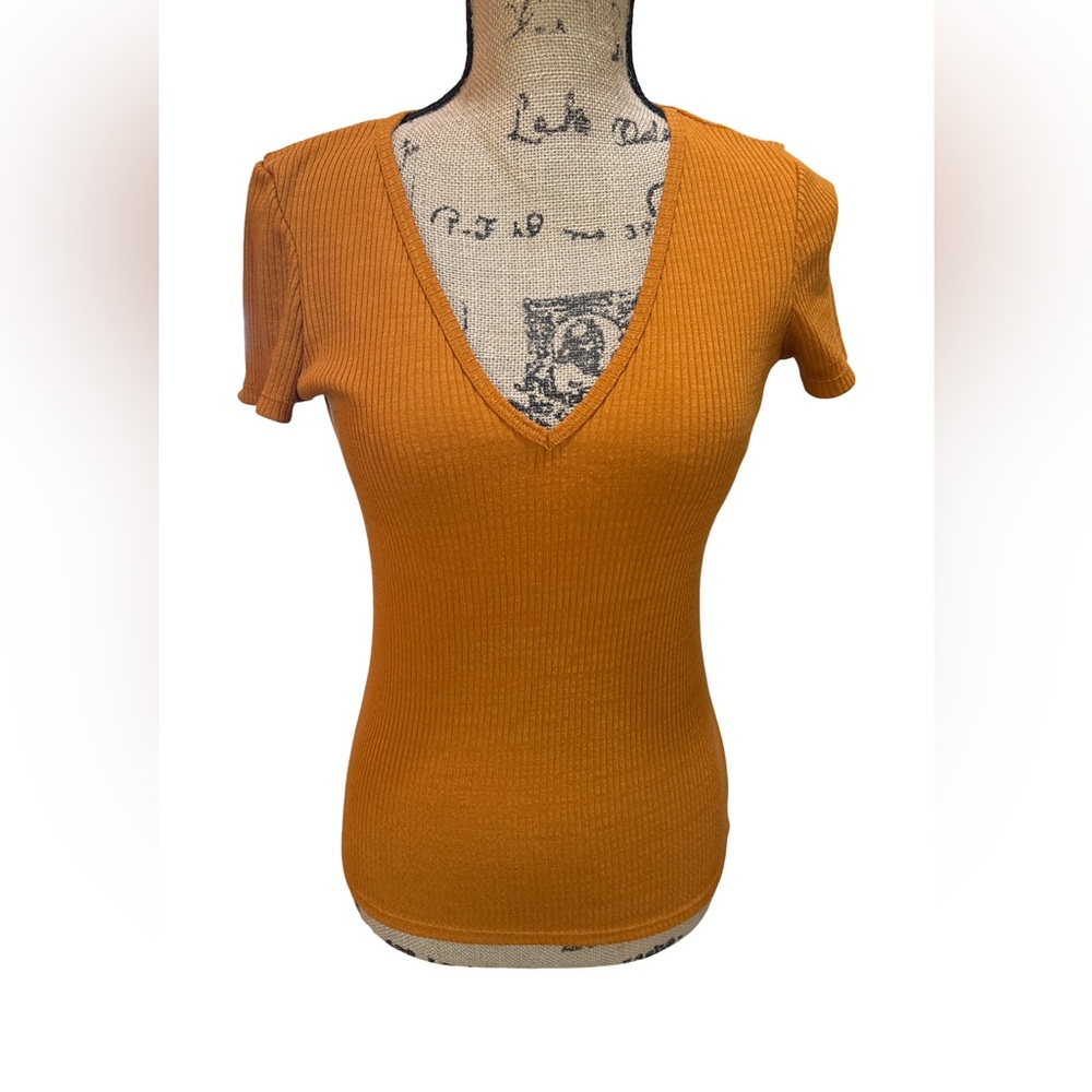 Zara Orange Ribbed V-Neck Blouse